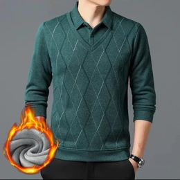 2023 Brand Velvet Polo Shirt Men Long Sleeve Winter Warm Clothing Loose Fit Korean Thick Plaid Graphic Shirts 240104