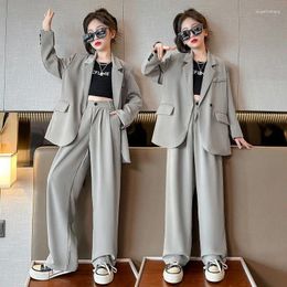 Clothing Sets Girls' Suit Loose Coat Wide-leg Pants Two Pieces Solid Causal Turndown Collar 2024 Spring Autumn Fashionable 5-12 Yeras Old