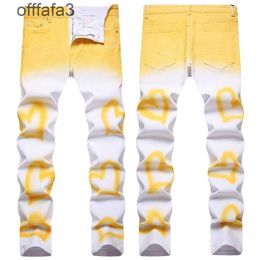 purple jeans mens pant 2024 Summer New Street Trend Personalised Fashion Hand-painted Denim Men's Elastic Slim Fit Small Feet Mid Waist Pants