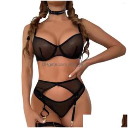 Bras Sets Women Plus Size Underwire Lingerie Set Transparent Underwear Erotic Bowknot Lace Sleepwear Drop Delivery Apparel Womens Dh2Go