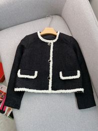 2024 Spring Black Contrast Color Panelled Tweed Jacket Long Sleeve Round Neck Buttons Single-Breasted Jackets Coat Short Outwear M3D281648