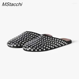 Slippers 2024 Crystal Rivet Mules Shoes Women Fashion Round Toe Flat Ladies Luxury Black Leather Half Mujer