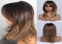 EASIHAIR Medium Length Dark Brown Ombre Synthetic Wigs for Women Wigs with Bangs Layered Cosplay Daily Heat Resistant9774174