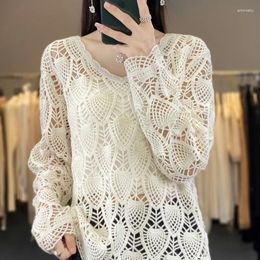 Women's Sweaters Fashionable European Style Pure Cashmere Sweater For Women V Collar Hollow Out Crocheted Knitted Blouse Loose Slimming