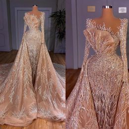 Luxurious Beading Evening Dresses Saudi Arabia Full Sleeve Lace Formal Dress For Women Prom Gowns Celebrity Robe De Soiree