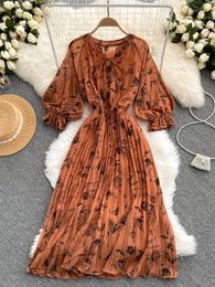 Dress Vintage Red/Brown/White Printed Pleated Chiffon Dress Autumn Elegant VNeck Flare Long Sleeve High Waist Draped Midi Vestido New