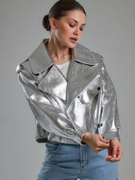 Chic Silver Women's Fake Leather Motorcycle Jacket Elegant Loose Lapel Long Sleeved PU Coat 2023 Autumn Lady Fashion Overcoat 240122