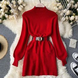 Women's Sweaters Women Autumn Winter Korean Half-high Neck Pullover Knitwear Commuting Fashion Belt Pocket Splicing Versatile Mid Length