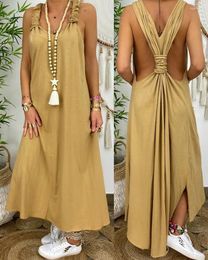 Casual Dresses Backless Ruched Asymmetrical Slit Maxi Dress Women Long Loose Solid Color Ankle Length Spring Summer