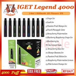 100% Original IGET Legend 4000 Puff Disposable Vape Pen Mesh Coil 14ml Pre-filled Pod 4K E Cigarette 5% RBG Light Vape Pen Kit 13 Flavors In stock