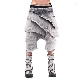 mens shorts multilayer asymmetric skirt pieces distressed cotton knitted crotch capris fashion cargo