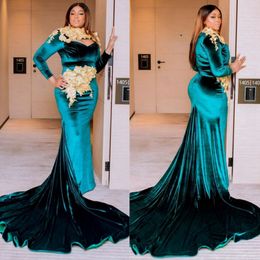 Hunter Green Velvet Aso Ebi Prom Dresses Mermaid High Neck Illusion Lace Formal Evening Dresses for Black Women Birthday Party Dress Second Reception Gown AM327