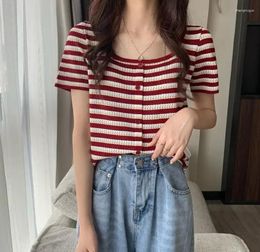 Women's T Shirts Square Neck Striped Knit Short T-shirt Top For Women