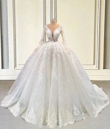 White Wedding Dresses New Bridal Gowns Formal Applique Beaded Custom Ivory Zipper Lace Up Plus Size O-Neck Long Sleeve Illusion Lace Sequined A Line Floor-Length
