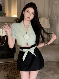 Work Dresses French Elegant Small Fragrance Two Piece Set For Women 3D Flower Blazer Coat Mini Skirt Sets Korean Sweet Summer 2 Suits
