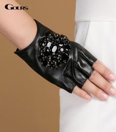 Gours Winter Genuine Leather Gloves Women Fashion Brand Black Stone Driving Fingerless Gloves Ladies Goatskin Mittens GSL040 201106345530