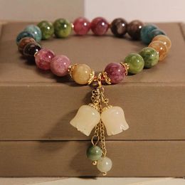 Strand Natural Multicoloured Tourmaline Bracelet For Women Hand Carved Lily Of The Valley Flower Pendant Gift Girlfriend