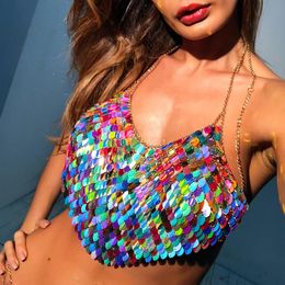 Tanks Handmade Bling Colourful Sequined Crop Tops Halter Sleeveless Low Cut Backless Sexy Women Tank Clubwear Night Party Festival Rave
