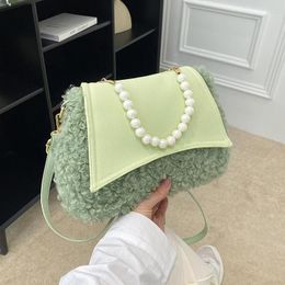 Evening Bags Winter Lamb Woolen Handbag Designer Women's Bag Purse Fashion Plush Shoulder Messenger Pearl Chain Clutches