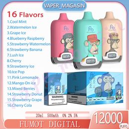 100% Original Fumot Digital 12000 puff Disposable e-cigarette 20ml Preloaded cartridge 12K Puffs 16 Flavours 500mAh rechargeable battery Vape Pen 0% 2% 5% concentration
