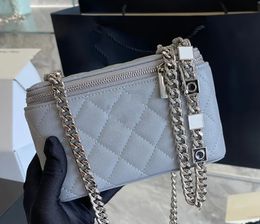 Quilted Mini Trunk Shoulder Handbags Lady CO Silver Chains Caviar Leather Makeup Case With Mirror