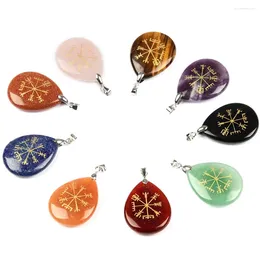 Pendant Necklaces Natural Crystal Agate Carving Compass Water Droplet Stone Crafts Ornaments Viking Symbol Rune Vegvisir Handmade Jewelry