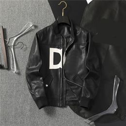 Novo luxo masculino jaqueta de couro preto designer de roupas jaqueta de beisebol de couro com zíper casual cardigan gola jaqueta