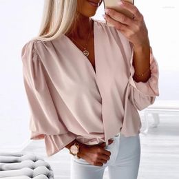 Women's Blouses 2024 Spring Sexy Deep V-neck Draped Blouse Women Casual Long Sleeve Solid Pullover Tops Autumn Office Elegant Loose Shirt