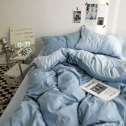 Bedding Sets Direct Selling Solid Blue Duvet Cover Set Flat Sheet With Pillowcases Twin Full Size Bed Kit Linen Girls Green Grey Boys