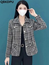 Classic Plaid Lapel Tweed Jackets Women Korean Vintage Wool Blend Coats Casual Slim Woollen Chaquetas Elegant Mom Outwear 240104