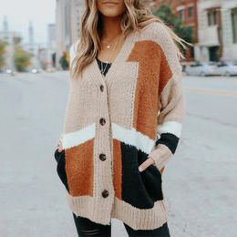 Women's Knits AYUALIN Streetwear Colorblock Knitted Sweater Cardigan For Women Autumn Winter Warm Coat Vintage Long Sleeve V Neck Boho