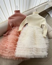 Girls sweater splicing tiered lace tulle tutu dresses kids ruffle collar flare sleeve princes clothes children birthday party dress Z6486