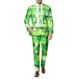 Men's Suits Two Piece Suit Male St. Patrick'S Day Long Sleeve Coat And Pants Printed Button Multi Pockets For Holiday Party Events