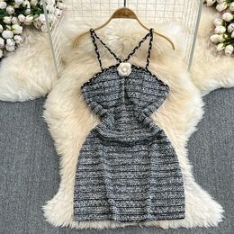 Women's spaghetti strap tweed Woollen fabric 3D flower patched elegant slim waist short dress ML