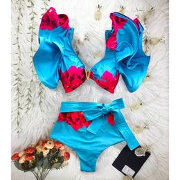 Swimwear High Waist Bikinis with Belt V Neck Shirring Swimsuit Women Ruffle Bathing Suit y2k Drawstring Beachwear 240104