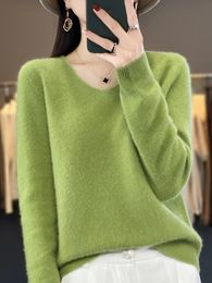 Aliselect Fashion Basic 100 Merino Wool Sweater VNeck Long Sleeve Pullover Cashmere Women Knitted Autumn Clothing Tops 240104