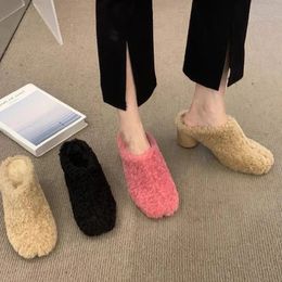 Slip-on Pink Wool Mules Women Fashion Closed Toe Plush Court Clogs Ladies Winter Warm Lambswool Heeled Slippers 240103