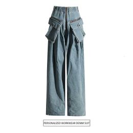 Work Style Wide Leg Pants for Spring 2024 New Niche Design with Detachable Pockets and Elastic Waist Jeans Women