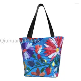 Shopping Bags Reusable Red White Mexican Flowers Bag Women Canvas Shoulder Tote Washable Textile Floral Art Grocery Shopper