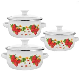 Double Boilers 3 Pcs Non Stick Cooking Utensils Stew Pot Stackable With Lids Stove Small Kitchen Pans Enamel Handles For