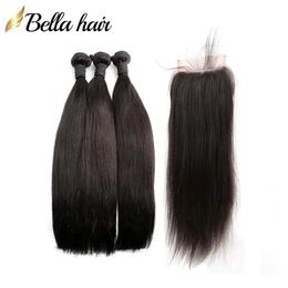 Wefts 4PCS Full Head Hair Bundles With Closure Brazilian Remy Virgin Human Hair Wefts Extensions 3PC Add 1PC Lace Closures 4x4 Straight