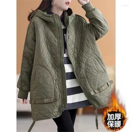 Women's Trench Coats 2024 Literary Khaki Hooded Winter Cotton Coat Women Loose Casual Long Quilted Thicke Ladies Down Autumn Jacket