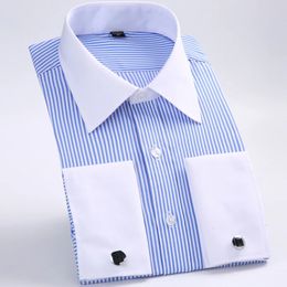 Men's Classic French Cuffs Striped Dress Shirt Single Patch Pocket Standardfit Long Sleeve Wedding Shirts Cufflink Included 240104