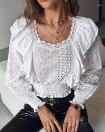 Women's Blouses Vintage Blouse For Women 2024 Spring Square Collar Solid Colour Frill Hem Eyelet Embroidery Shirred Retro Hollow Ruffle