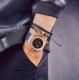 Wristwatches Automatic Self Wind Mechanical Rose Gold Silver Black Case White Rubber Strap Casual Sports Geneve Watch For Men