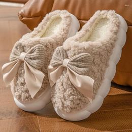 Slippers Women Girl Cosy Floor House Shoes Comfort Thick Sole Bowknot Cotton Female Non-Slip Warm Plush Indoor Footwear