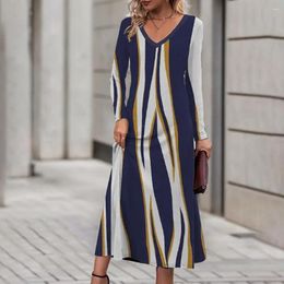 Casual Dresses Women Long Sleeve Dress V-neck Colorblock Patchwork Sequin V Neck Midi For Spring Fall A-line Soft