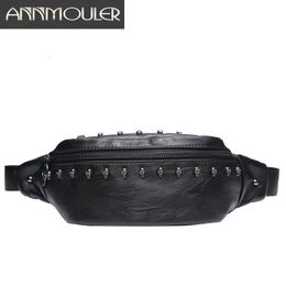 Annmouler Fashion Unisex Waist Pack Bag Pu Leather Skull Chest Black Shoulder Phone Pouch Large Men Women Fanny Bum 240103