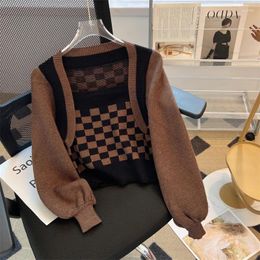 Women S Sweaters Autumn Winter Fake Two Checkerboard Square Collar Short Knitwear Sweater For Vintage Knitted Lantern Sleeve To