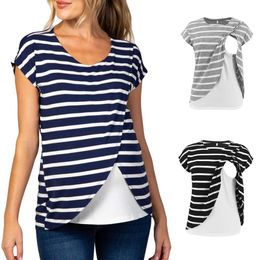 Shirts Maternity Clothes Women's Breastfeeding Tshirts Summer Short Sleeve Stripe Splicing Irregular Tops Fashion Pregnant Clothing